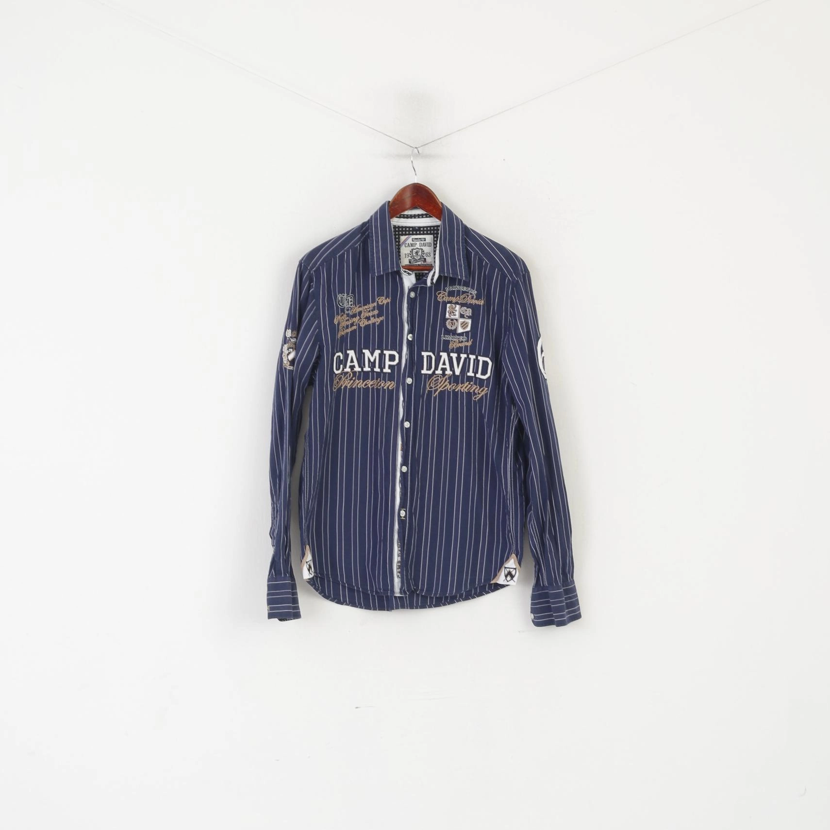 Retro Vibe Travel Friendly Camp David Men M Casual Shirt Navy Cotton Striped Princeton Sporting Fencing Top