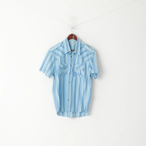 Holiday Special Custom Fit Duck and Cover Men L (M) Casual Shirt Blue Striped Cotton Snap Short Sleeve Retro Top