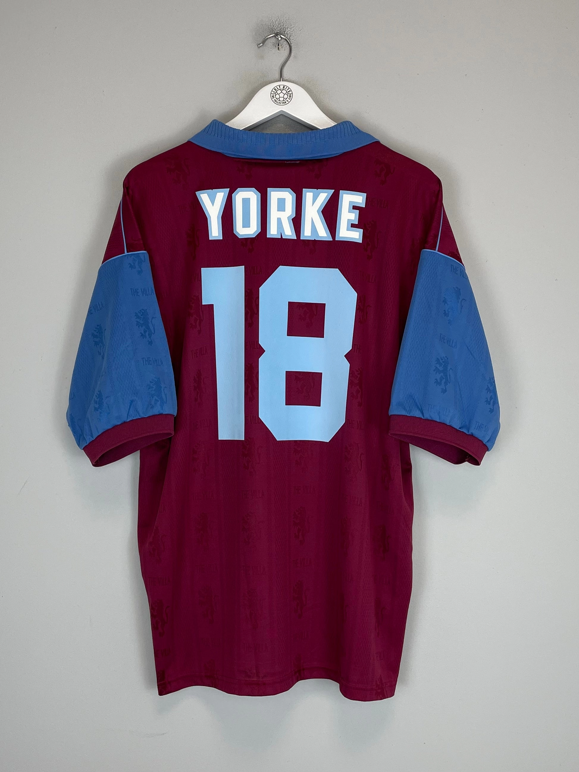 1995/97 ASTON VILLA YORKE #18 *MINT* HOME SHIRT (XL) REEBOK Temperature Control Technology Heat Transfer Logos