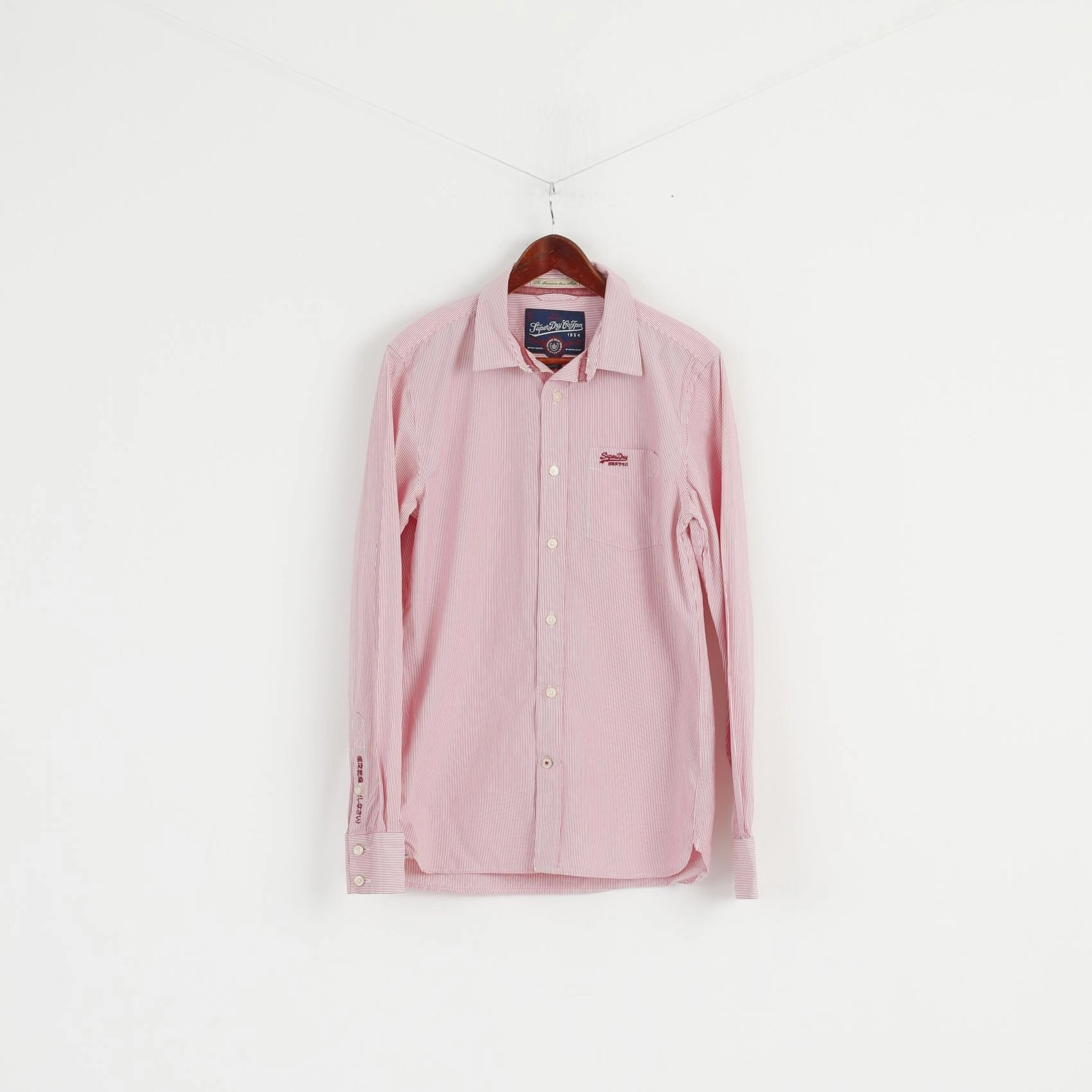 Superdry Men L (M) Casual Shirt Pink Striped Cotton Japan Long Sleeve Detailed Buttons Top Moisture wicking