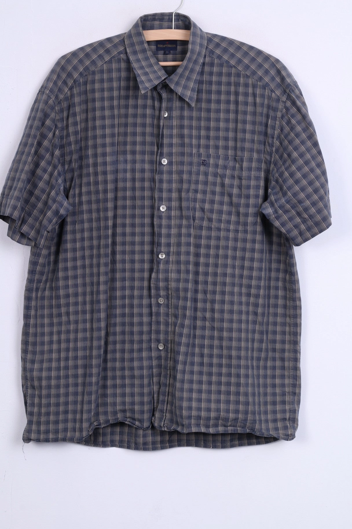 High-End Finish RED GREEN Mens L Casual Shirt Check Cotton Blue Short Sleeve