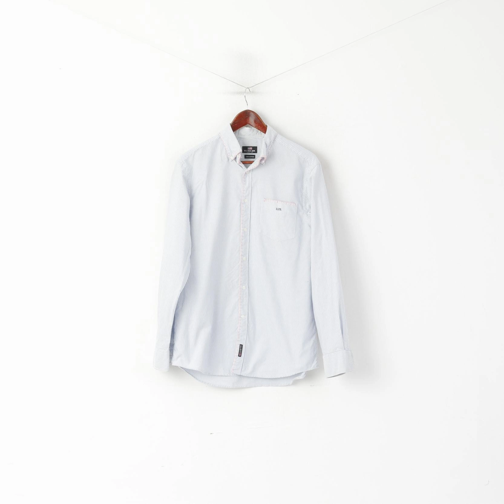 No Chafe Edging Picnic Outfit U.S. Polo Assn Men M Casual Shirt White Blue Cotton Striped Button Down Collar Top