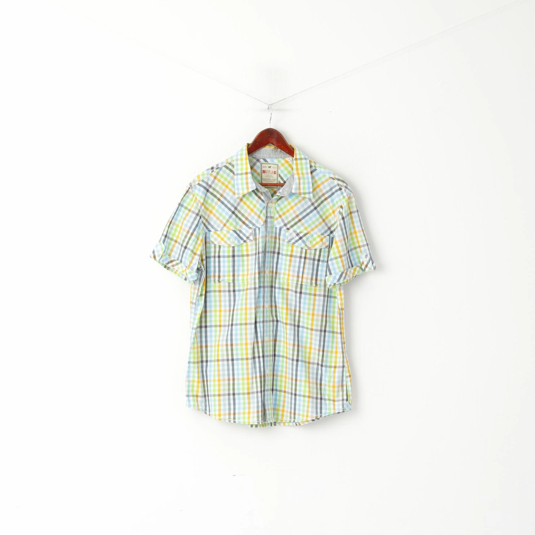 Mustang Jeans Men XL Casual Shirt Multi Colour Chekered Cotton Detailed Buttons Short Sleeve Fall Foliage