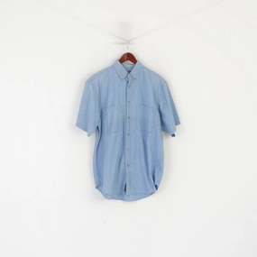 Gym Companion New Orleans Men M Casual Shirt Blue Jeans Vintage Denim Basic Cotton Short Sleeve Top