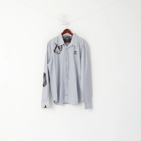 New Zealand Auckland Men 4XL (2XL) Casual Shirt Blue Striped Cotton Patches Long Sleeve Road Trip Ready Animal Print