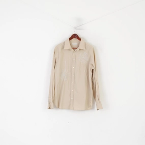 Recycled Polyester Blend Nigel Hall Men XL Casual Shirt Beige Cotton Emroidered Long Sleeve Top