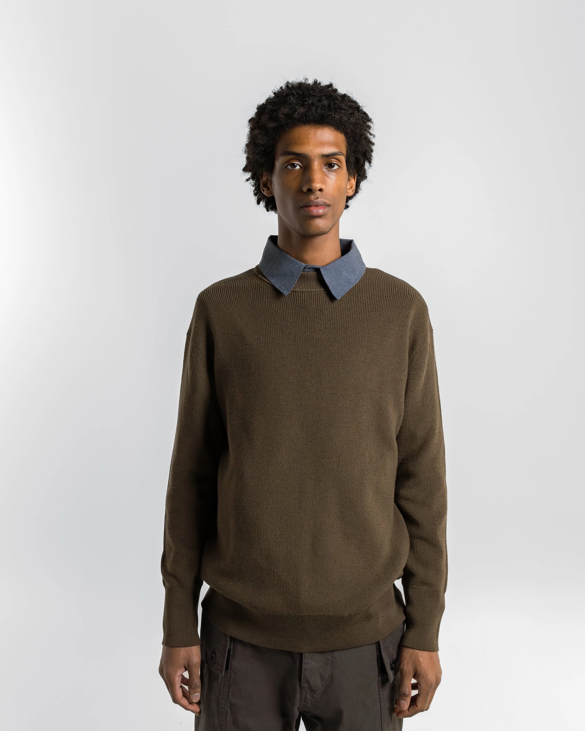Fine Rib Crew - Khaki Extrafine Merino Wool LanolinFree Wool Processing