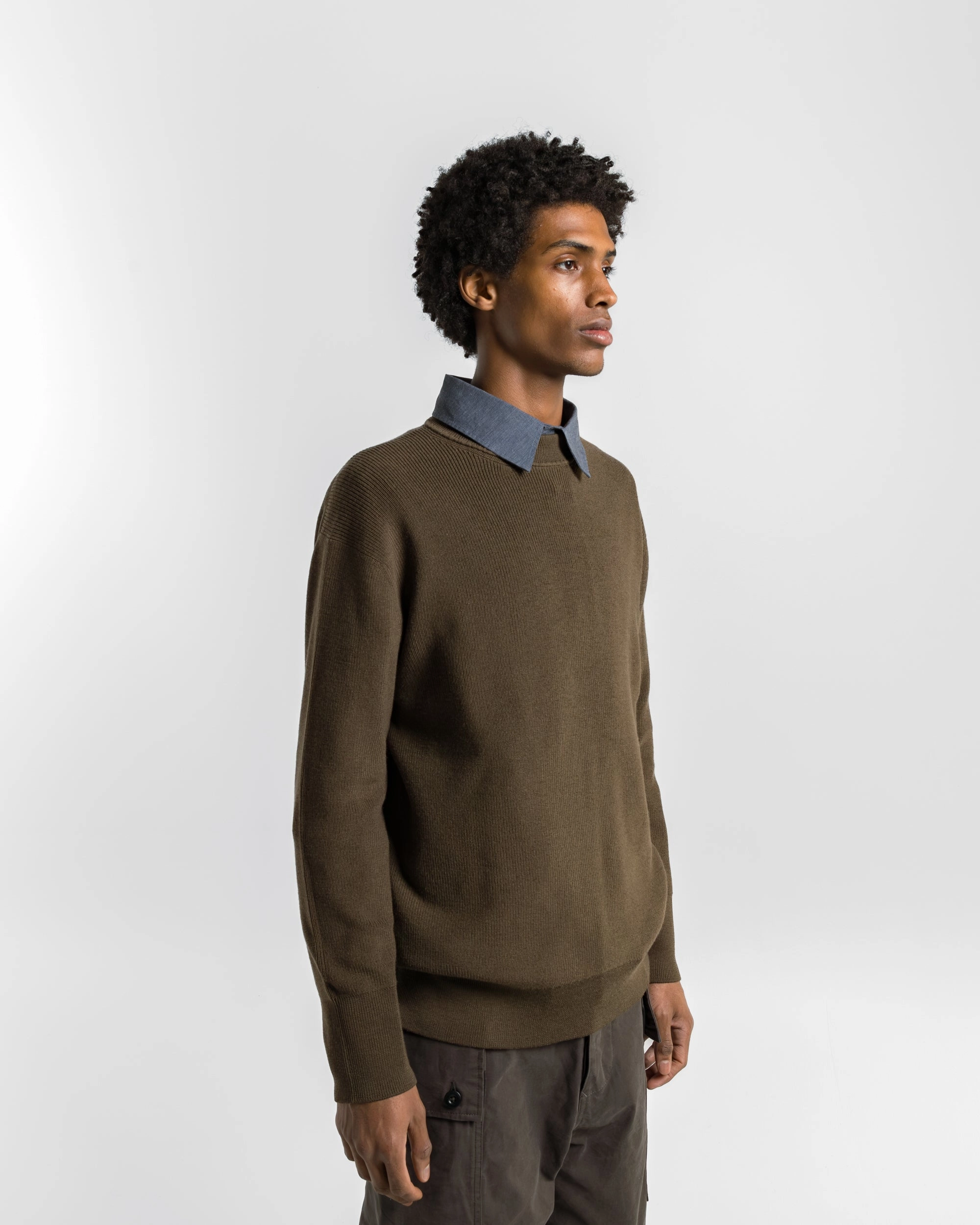 Fine Rib Crew - Khaki Extrafine Merino Wool All Day Comfort Home Comforted