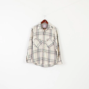 Reinforced Buttonholes Monochrome Palette Azzurra Men M Casual Shirt Cream Vintage Warm Checkered Wool Blend Italy Long Sleeve