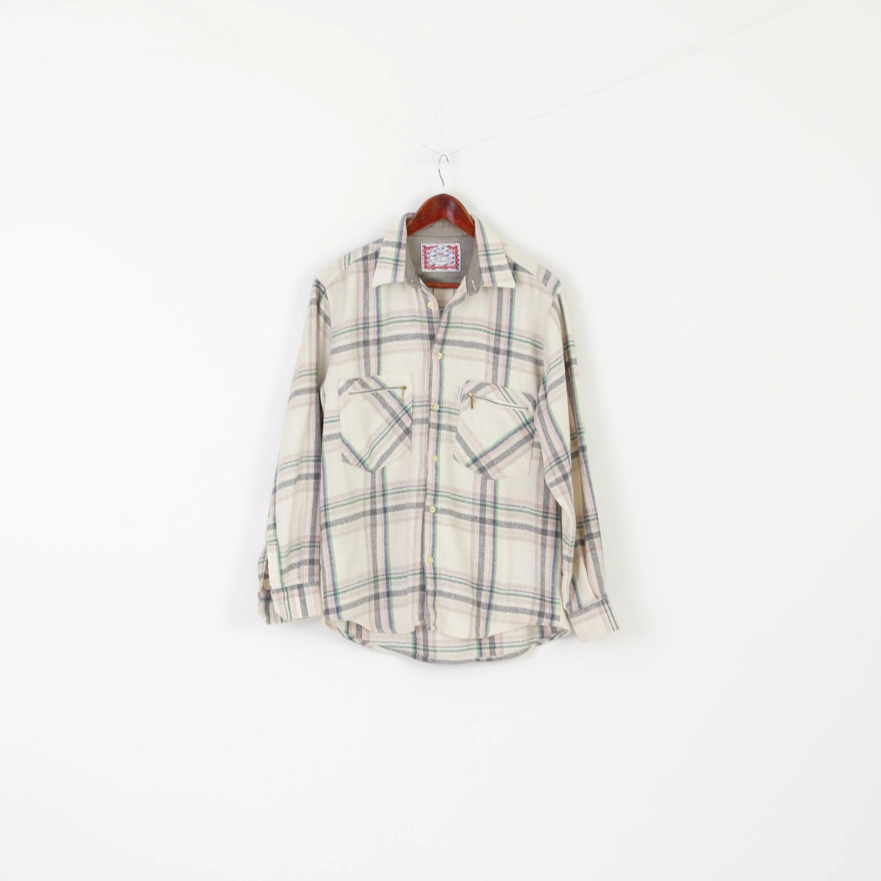 Reinforced Buttonholes Monochrome Palette Azzurra Men M Casual Shirt Cream Vintage Warm Checkered Wool Blend Italy Long Sleeve