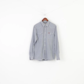 Company 81 Men L Casual Shirt Blue White Checkered Cotton Long Sleeve Classic Top Standalone Option