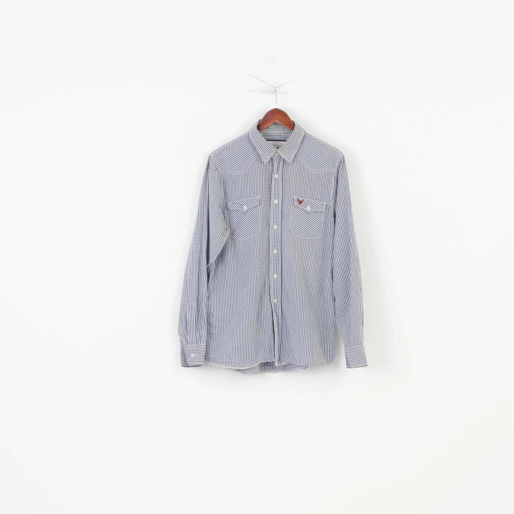 Company 81 Men L Casual Shirt Blue White Checkered Cotton Long Sleeve Classic Top Standalone Option