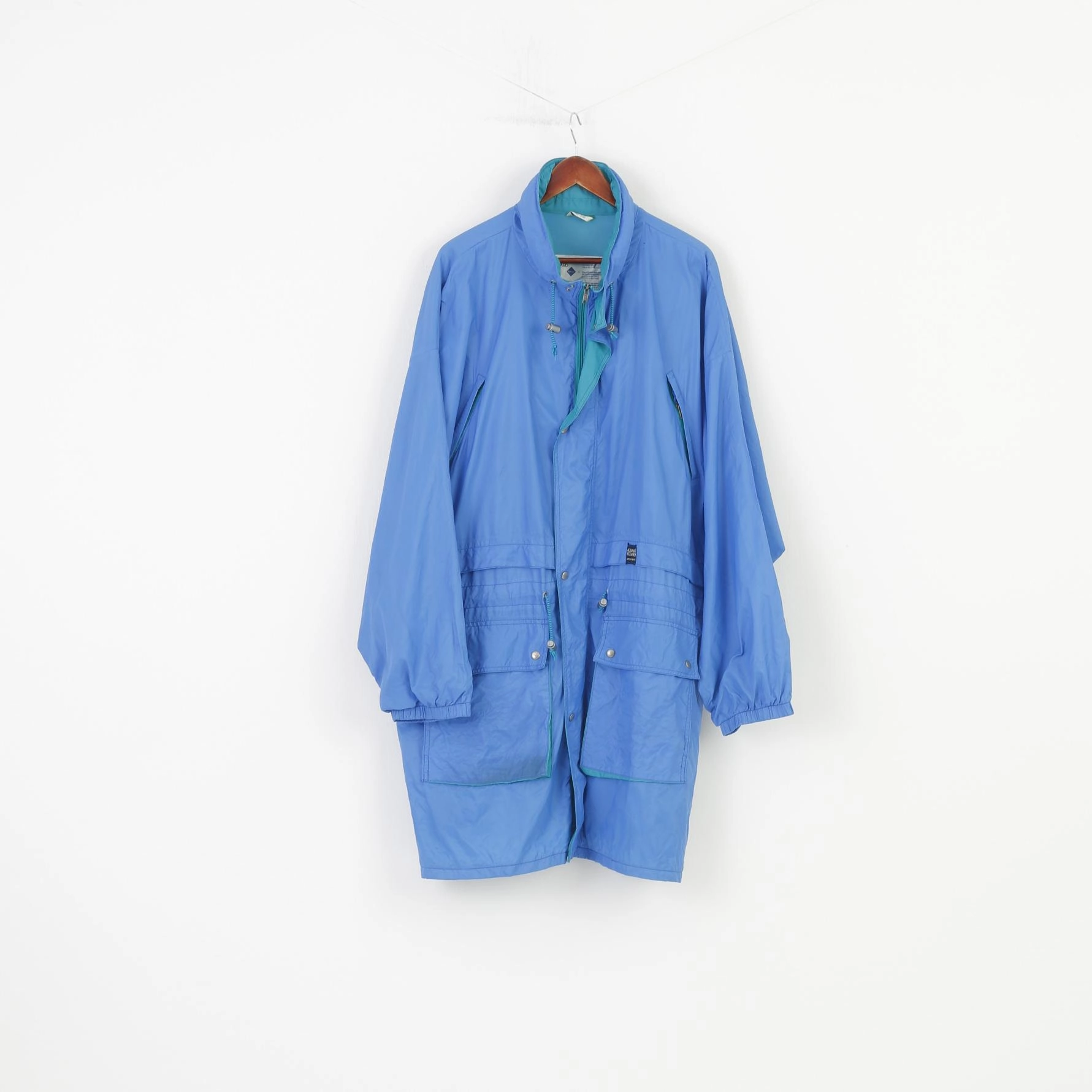 Non Irritating Collar Silk Aqua Guard Men 56-58 XL Jacket Blue Waterptoof Vintage Retractable Hood Full Double Zipper Outwear Top