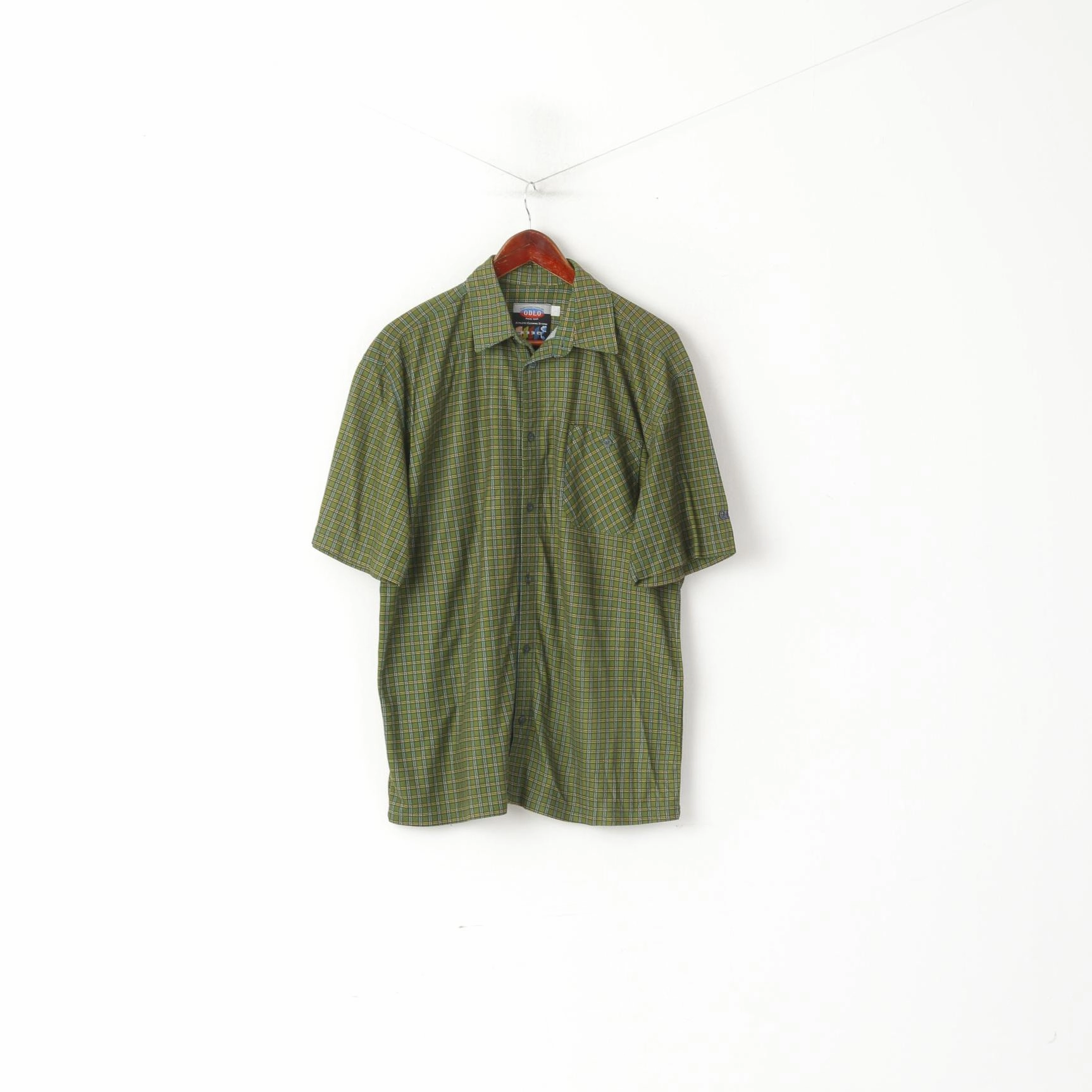 Odlo Men XL Casual Shirt Green Checkered Outdoor Sportswear Tourist Short Sleeve Top Must-Have Item Solid Hue