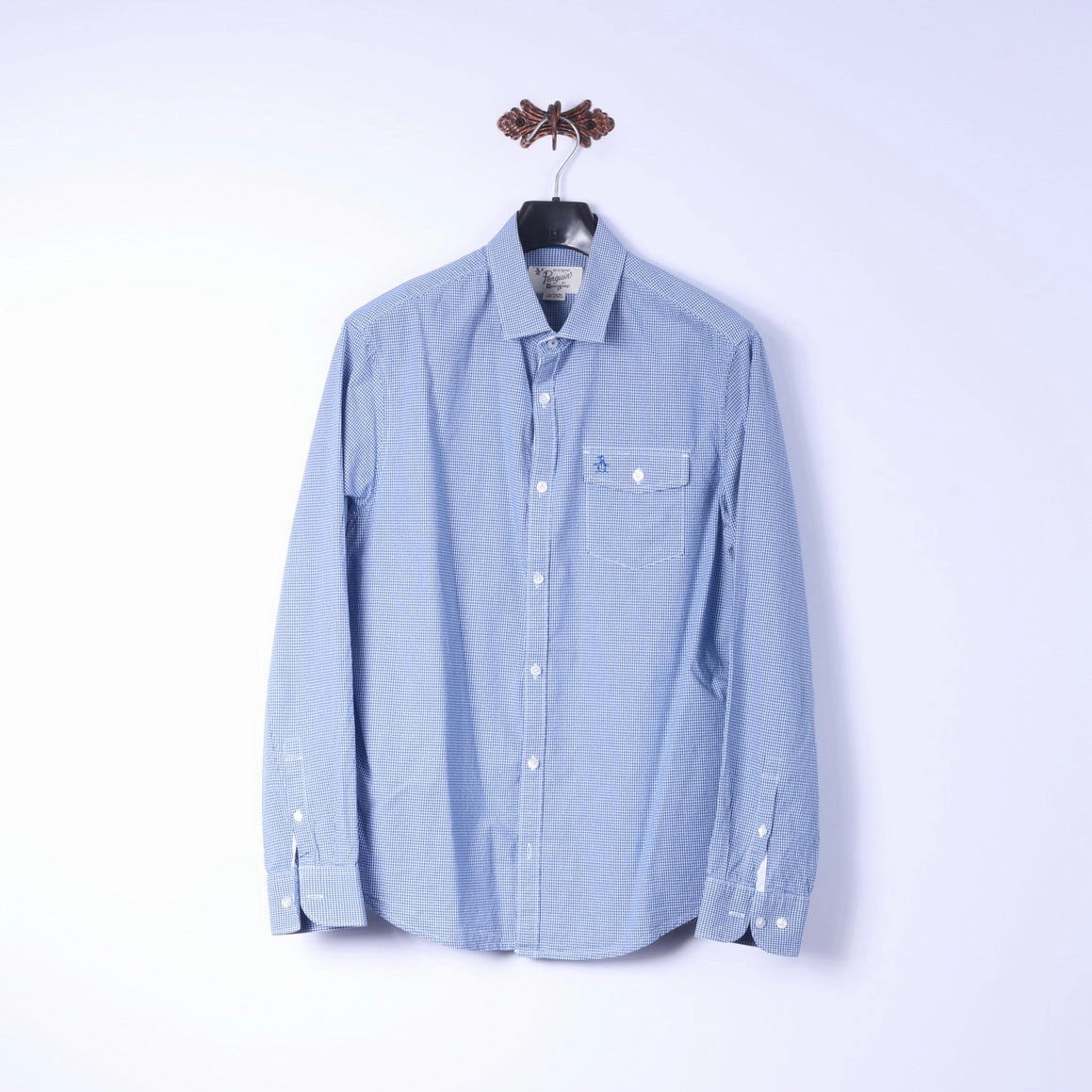 Penguin Mens XL Casual Shirt Mini Check Blue Cotton Heritage Slim Fit Top Gift Idea