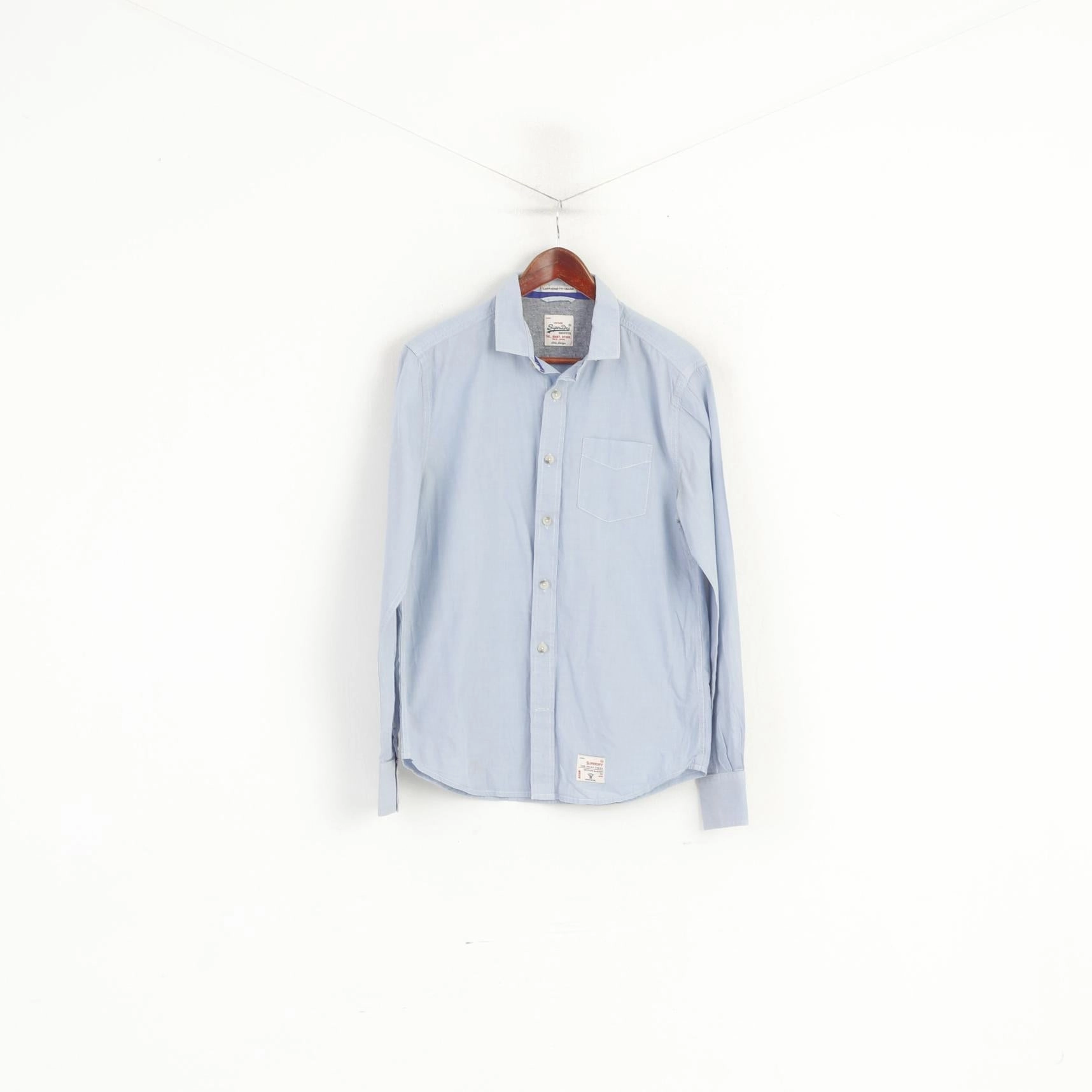 Anti Odor Treatment Tailored Fit Superdry Men L (M) Casual Shirt Blue Cotton Lounered Cut Collar Long Sleeve Top