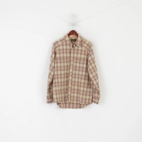 stain resistant coating Plus Size Timberland Men L Casual Shirt Brown Check Cotton Long Sleeve Vintage Outdoor Top