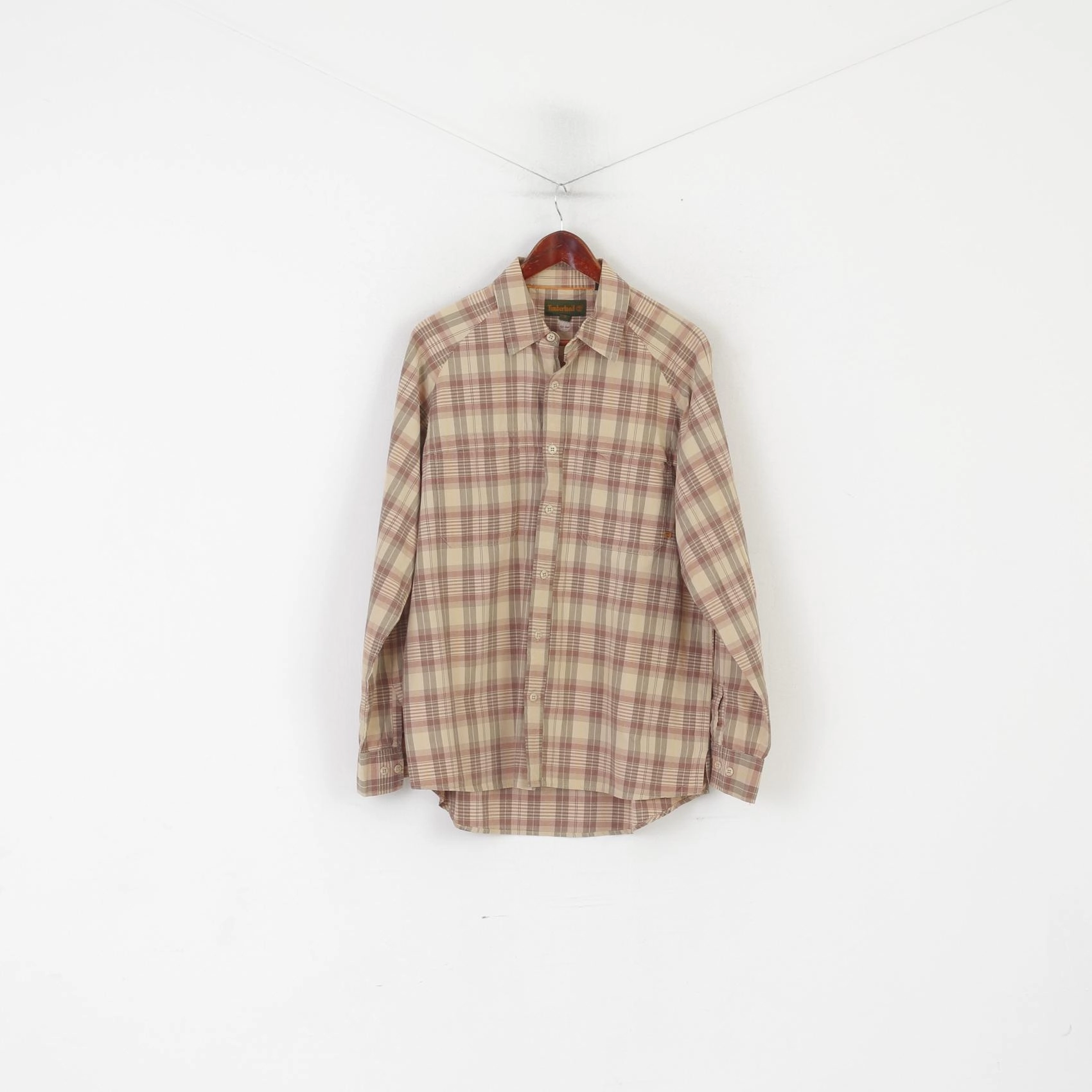 stain resistant coating Plus Size Timberland Men L Casual Shirt Brown Check Cotton Long Sleeve Vintage Outdoor Top