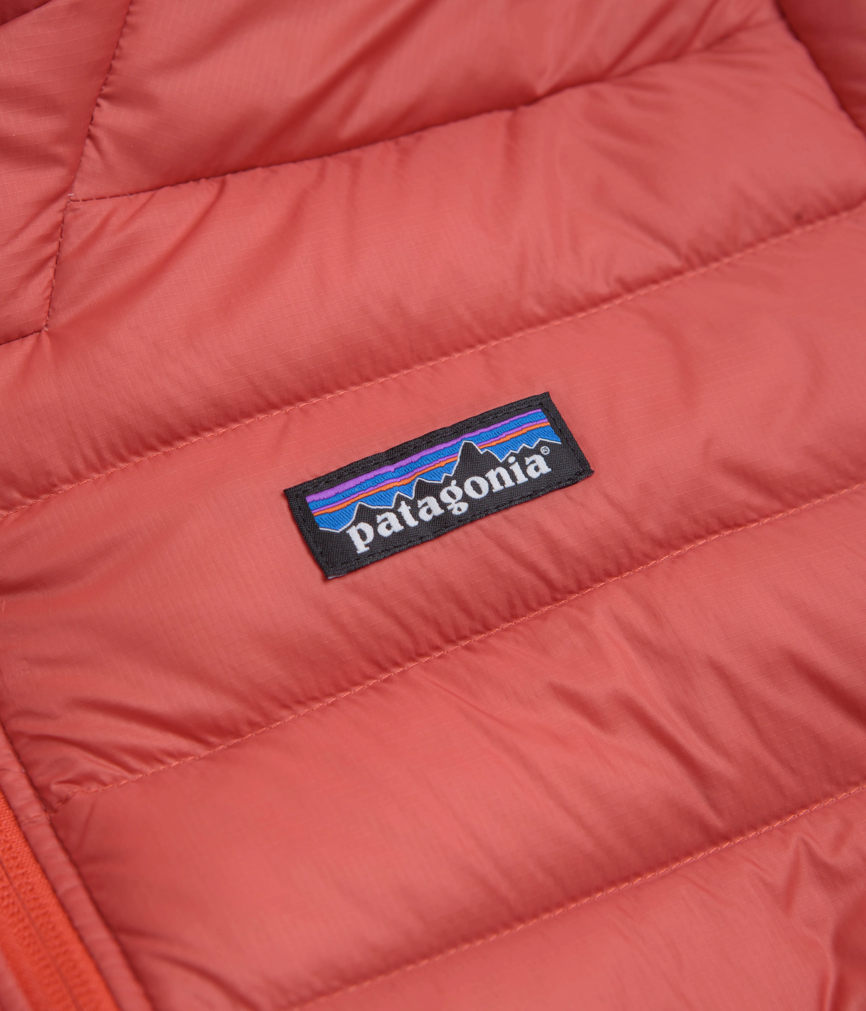 Patagonia Down Sweater Hoodie Jacket - Amanita Red Embroidered Breathable Mesh Panels