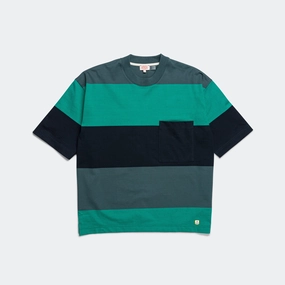 Stretch Knit Comfortable Wear Heritage Pocket Stripe T-Shirt - Dark Storm/Aquagreen
