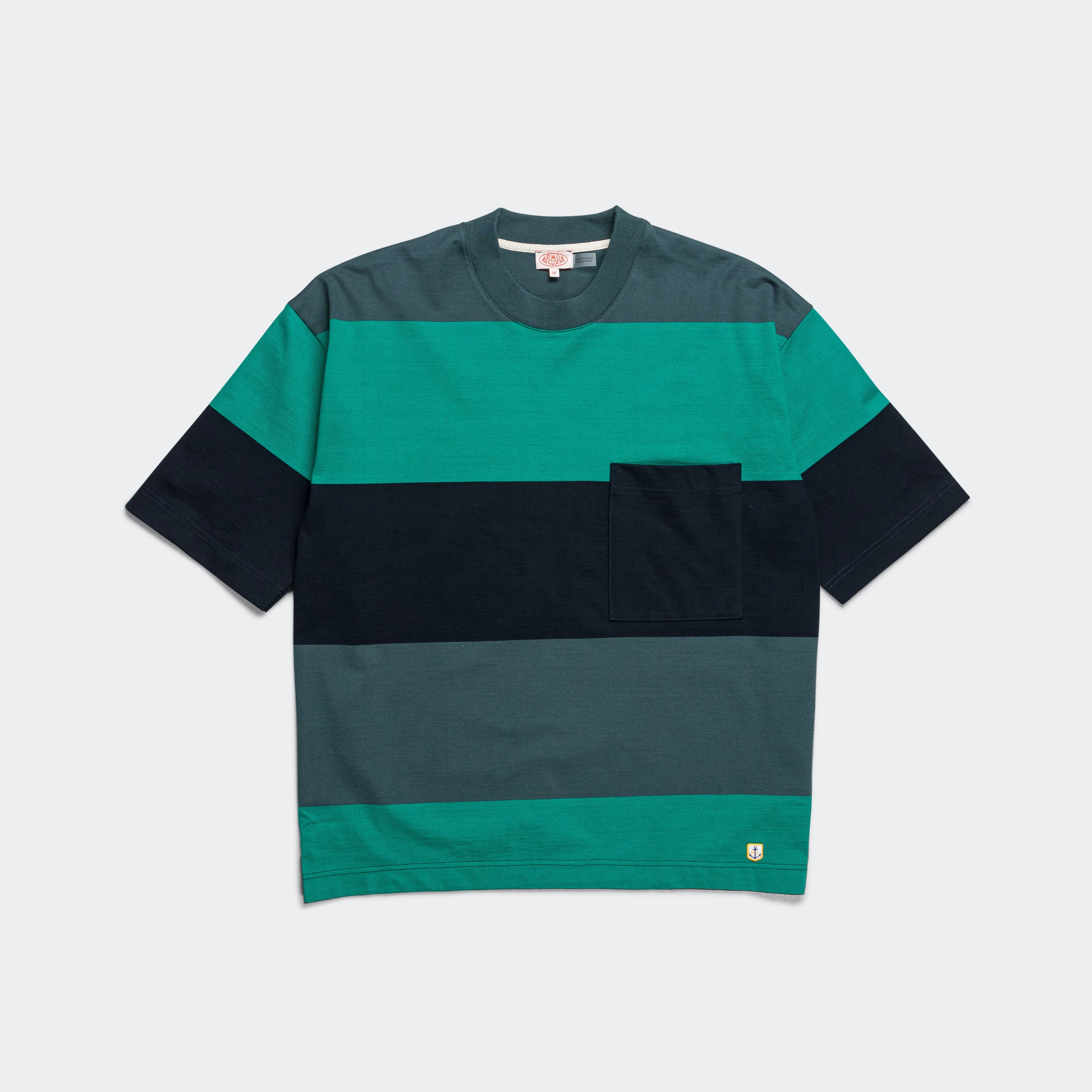 Stretch Knit Comfortable Wear Heritage Pocket Stripe T-Shirt - Dark Storm/Aquagreen