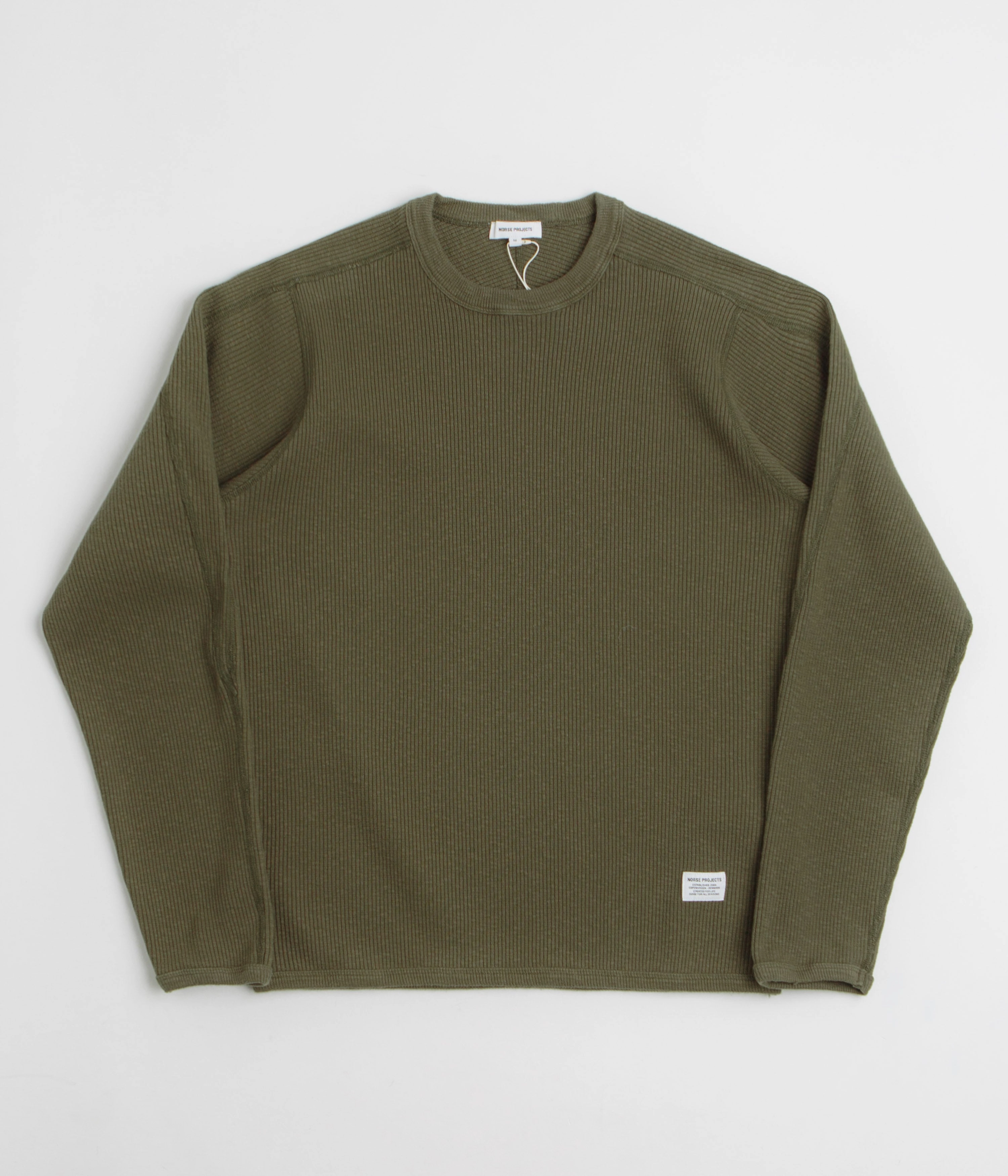 Norse Projects Eske Military Rib Long Sleeve T-Shirt - Olive Night Garment Dyed Finish Classic and Comfy