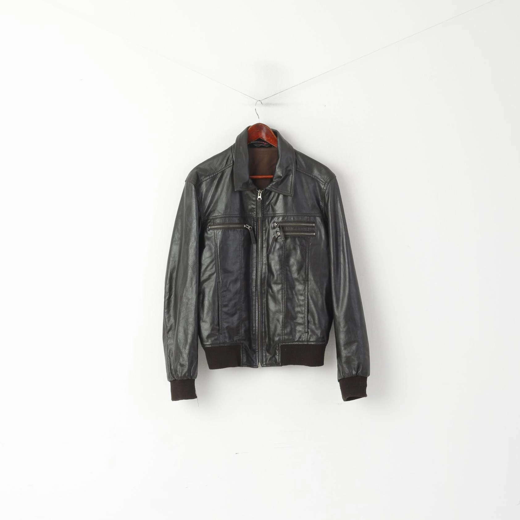 Oakwood Men L Jacket Dark Brown Leather Pilot Slim Full Zip Rock Bomber Biker Top Moisture Wicking Technology