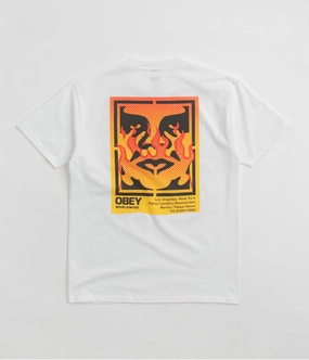 Obey Icon Stencil Flame T-Shirt - White Stretchable Armholes No Fade Technology