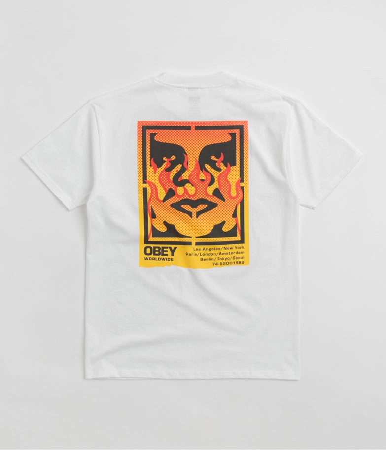 Obey Icon Stencil Flame T-Shirt - White Stretchable Armholes No Fade Technology