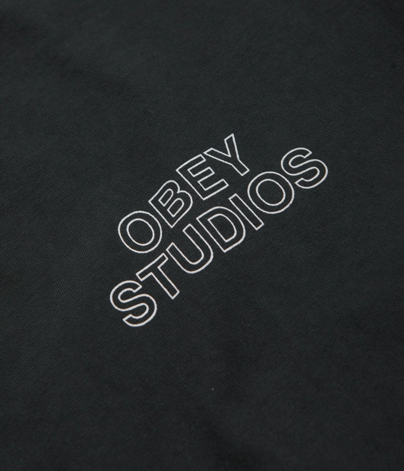 Obey Studios Outline T-Shirt - Pigment True Vintage Black Timeless Design Curved Hemline