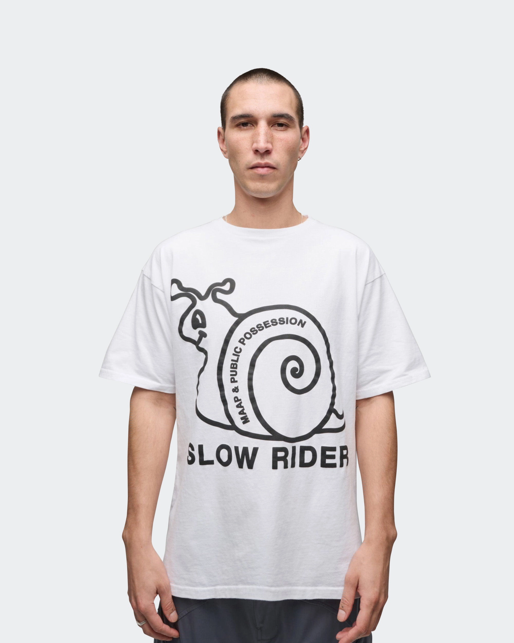 Slow Rider Tee x PUBLIC POSSESSION - White Fade Resistant Print