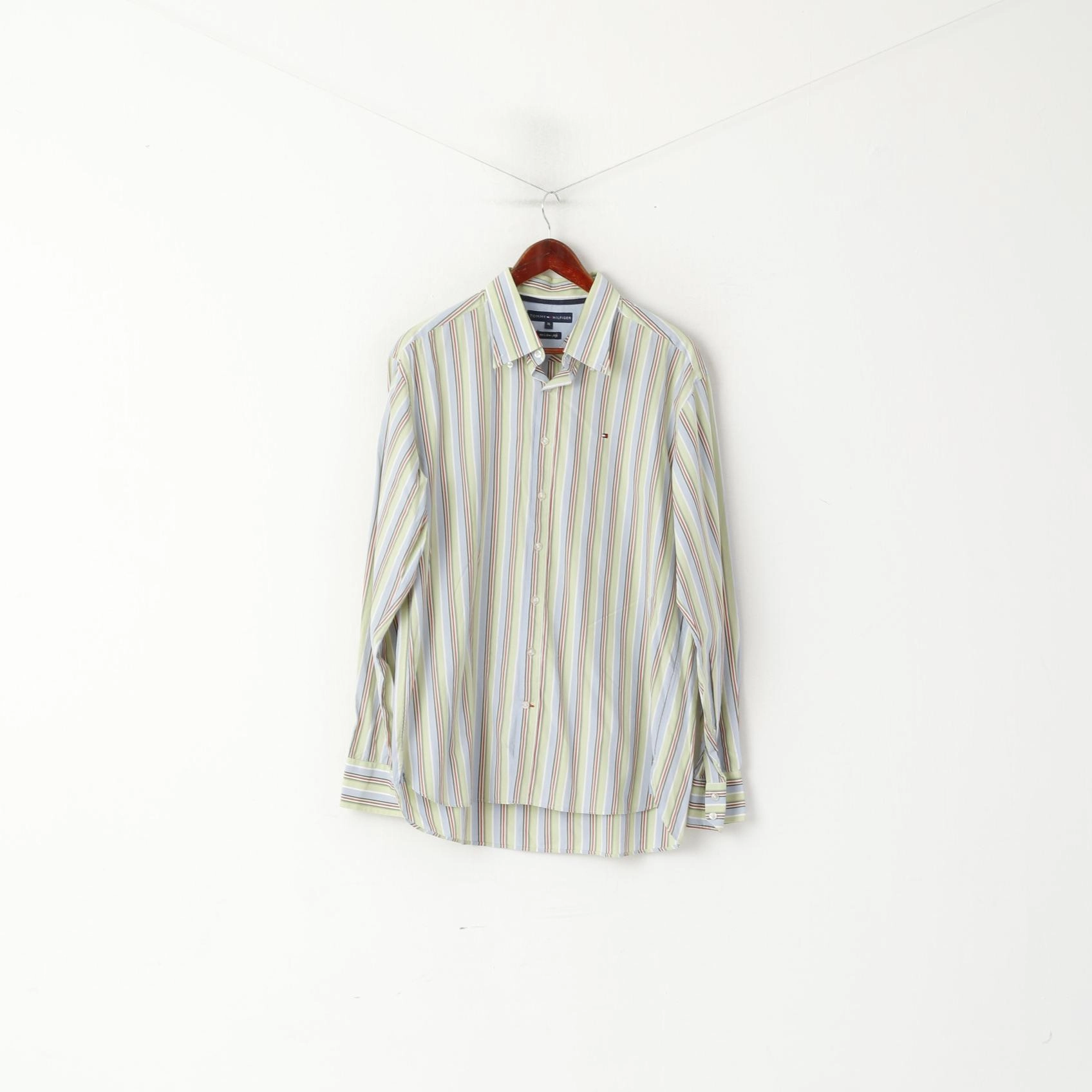Eco Friendly Production Smooth Texture Tommy Hilfiger Men XL Casual Shirt Blue Green Striped Cotton Button Dwon Collar Top