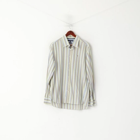 Eco Friendly Production Smooth Texture Tommy Hilfiger Men XL Casual Shirt Blue Green Striped Cotton Button Dwon Collar Top