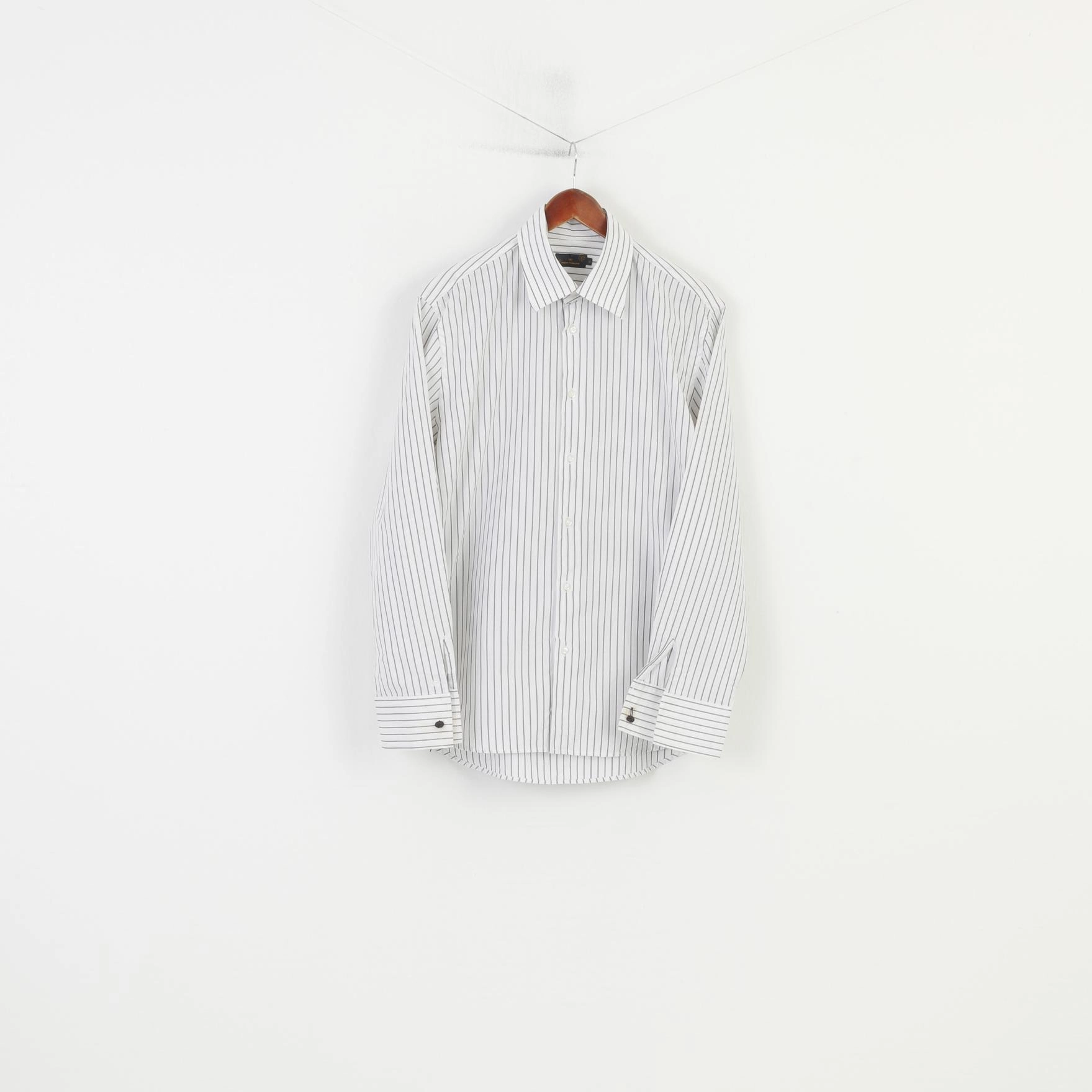 Tom Tailor Men XL Casual Shirt White Cotton Silver Striped Long Sleeve Regular Fit Top Neutral Tone