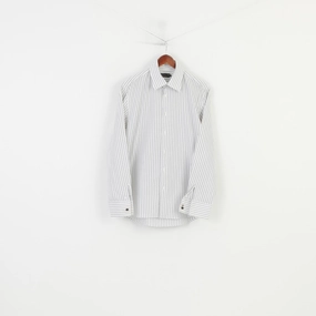 Tom Tailor Men XL Casual Shirt White Cotton Silver Striped Long Sleeve Regular Fit Top Neutral Tone