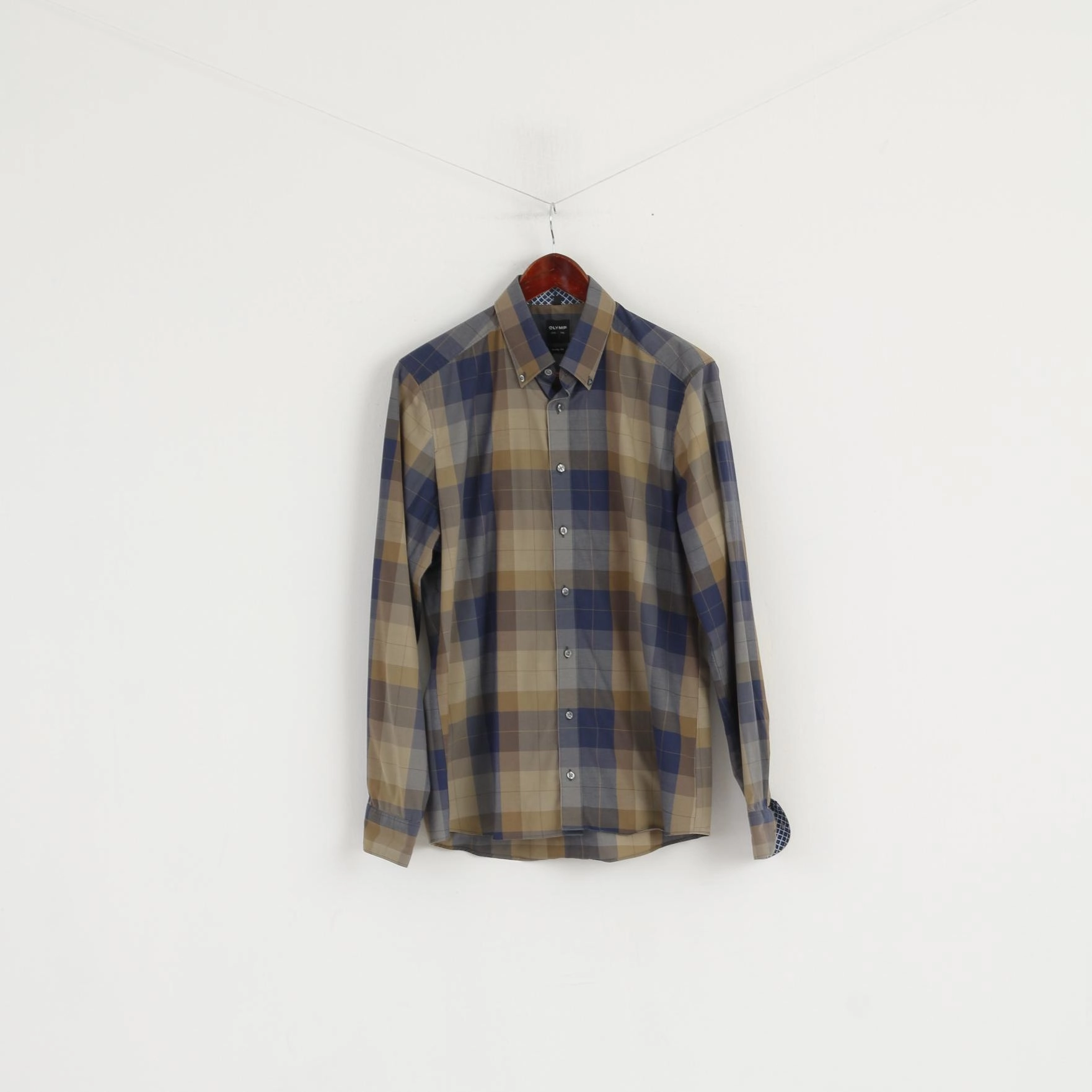 Petite Cut Olymp Level Five Men 16" 41 L  Casual Shirt Brown Check Body Fit Long Sleeve Top