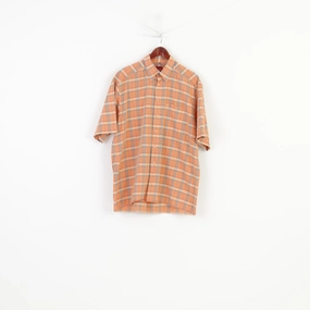 Olymp Men L Casual Shirt Short Sleeve Orange Buttons  Collar Checkered Novum Cotton Eco Dye Technique