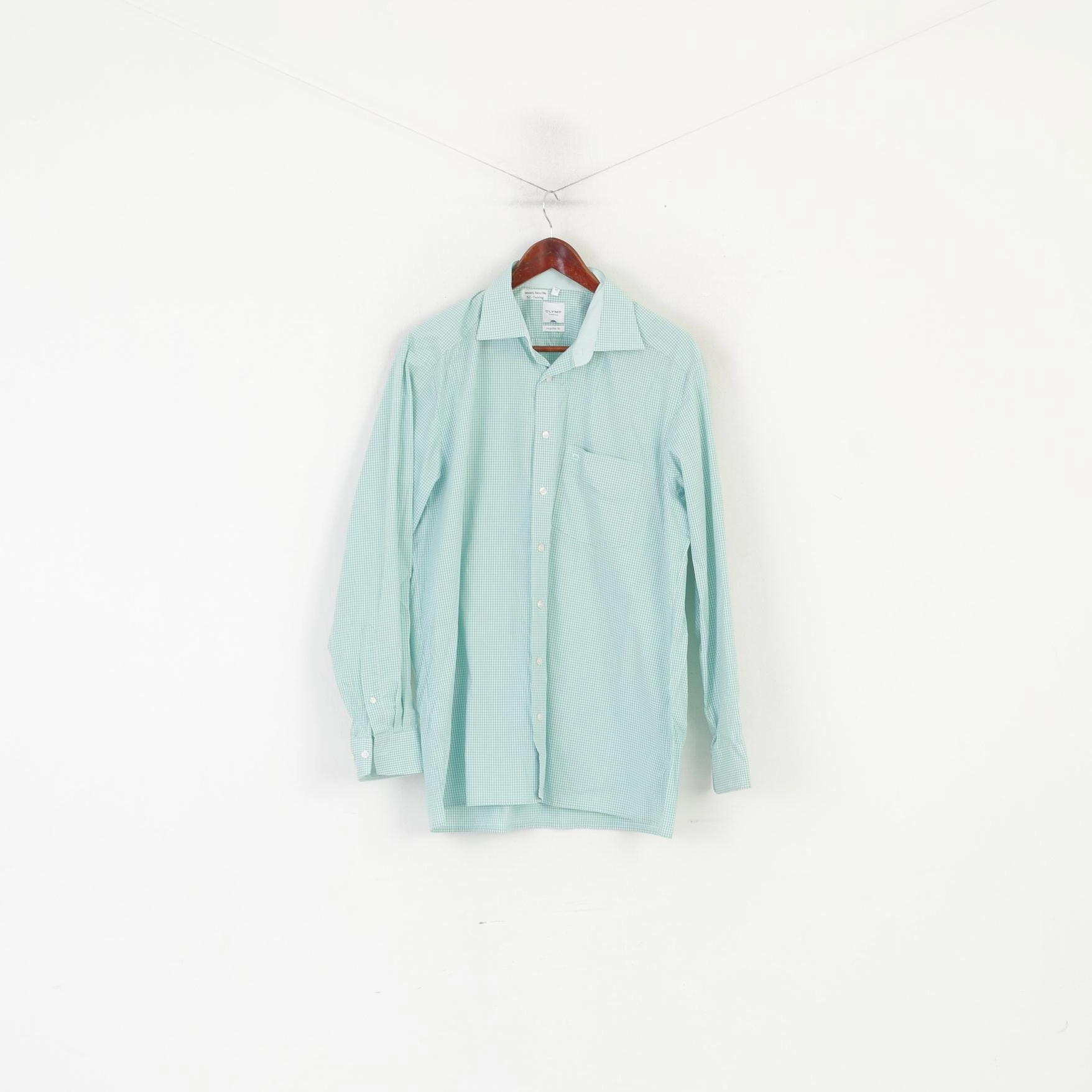 Olymp Tendenz Men 42 L Casual Shirt Green Check Cotton Regular Fit Long Sleeve Top Weekend Outfit