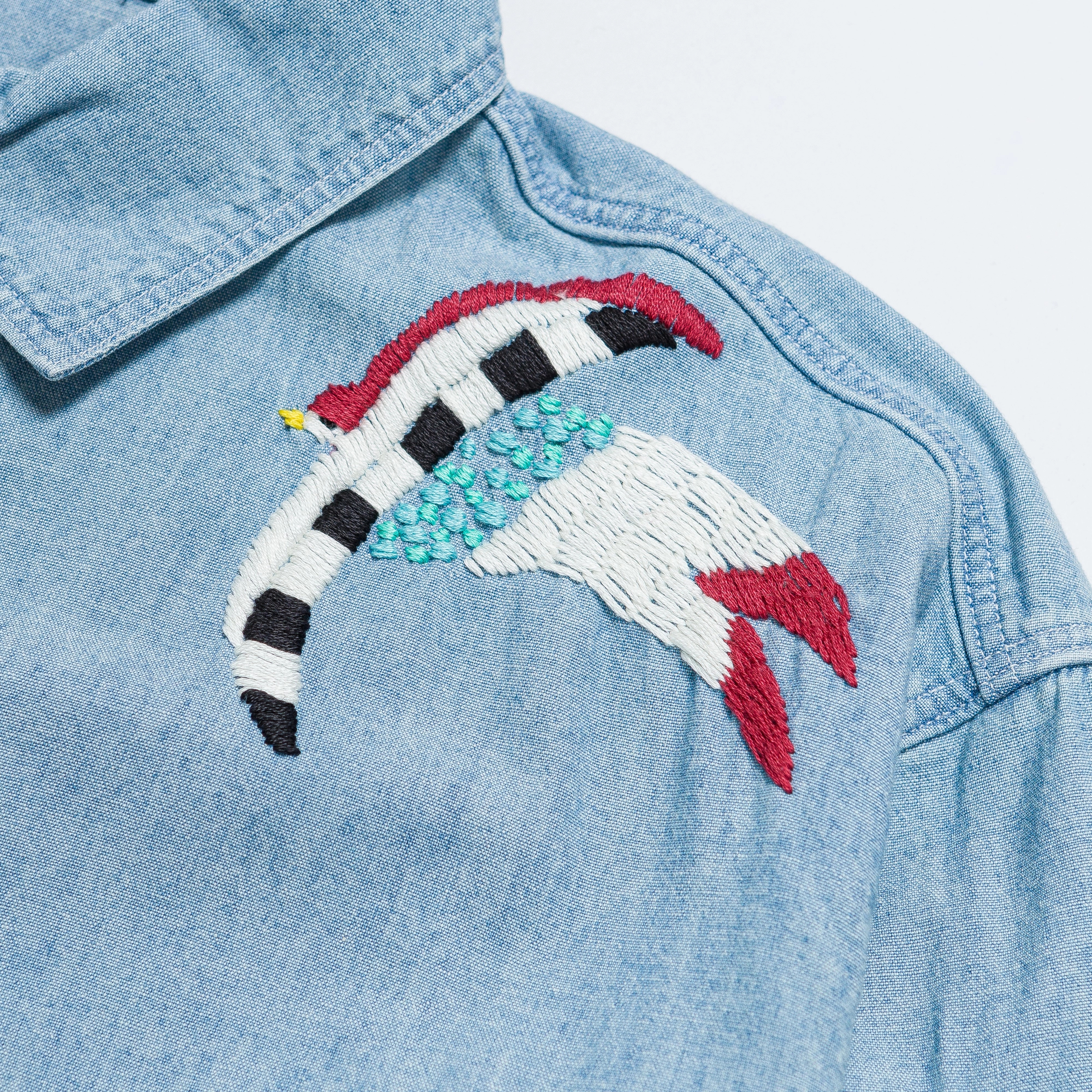 Chambray WORK Shirt (Swallow Embroidery) - Sax Layered Look