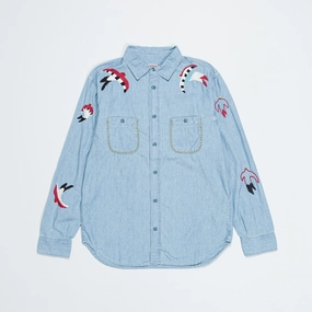 Gift Idea Chambray WORK Shirt (Swallow Embroidery) - Sax