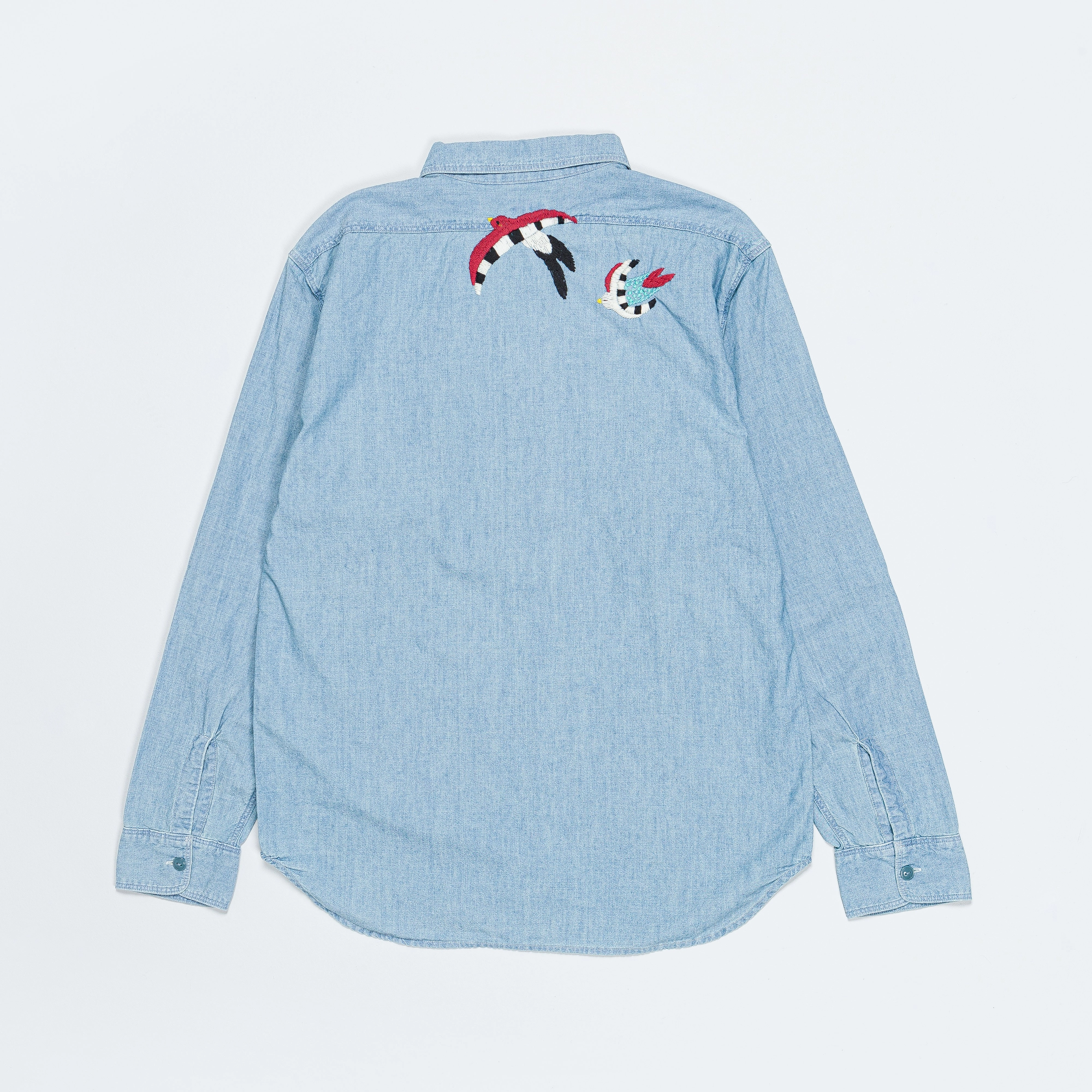 Chambray WORK Shirt (Swallow Embroidery) - Sax Hidden Placket