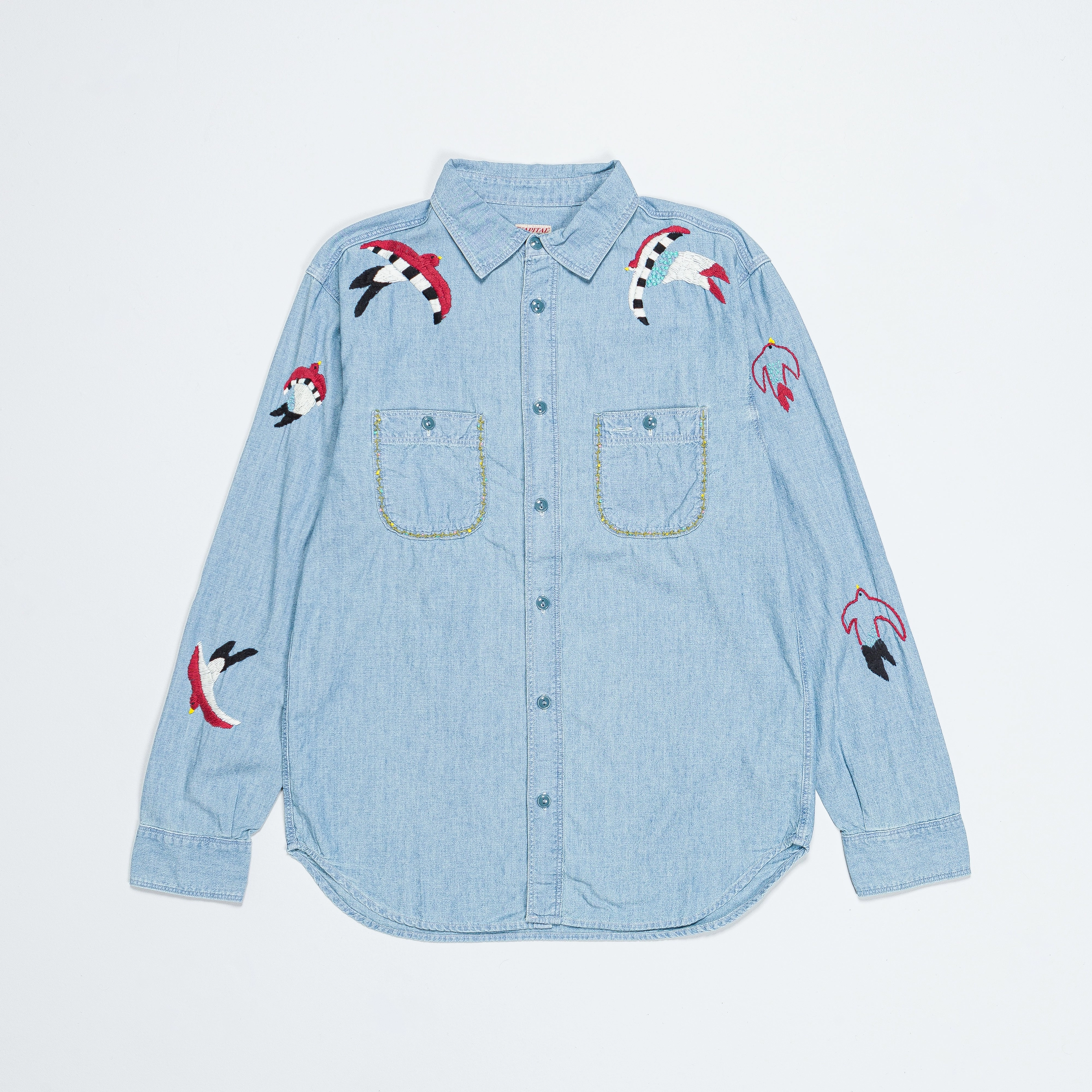Gift Idea Chambray WORK Shirt (Swallow Embroidery) - Sax