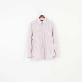 Hugo Boss Men 44 17 1/2 Casual Shirt Striped Pink Long Sleeve Cotton  Collar Bottoms Elegant Top Reinforced Side Vents High-End Fashion