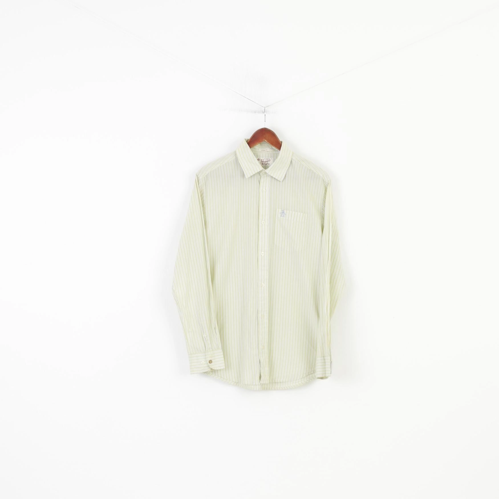 Military Inspired Original Penguin Men M Casual Shirt Striped Lime Yellow Classic Fit Cotton Long Sleeve Top