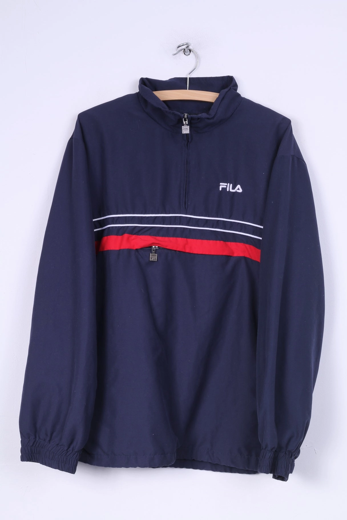 Fila Mens L Jacket Lightweight Zip Neck Zipper Sportswear Kangaoo Pocket Navy Bold Detail