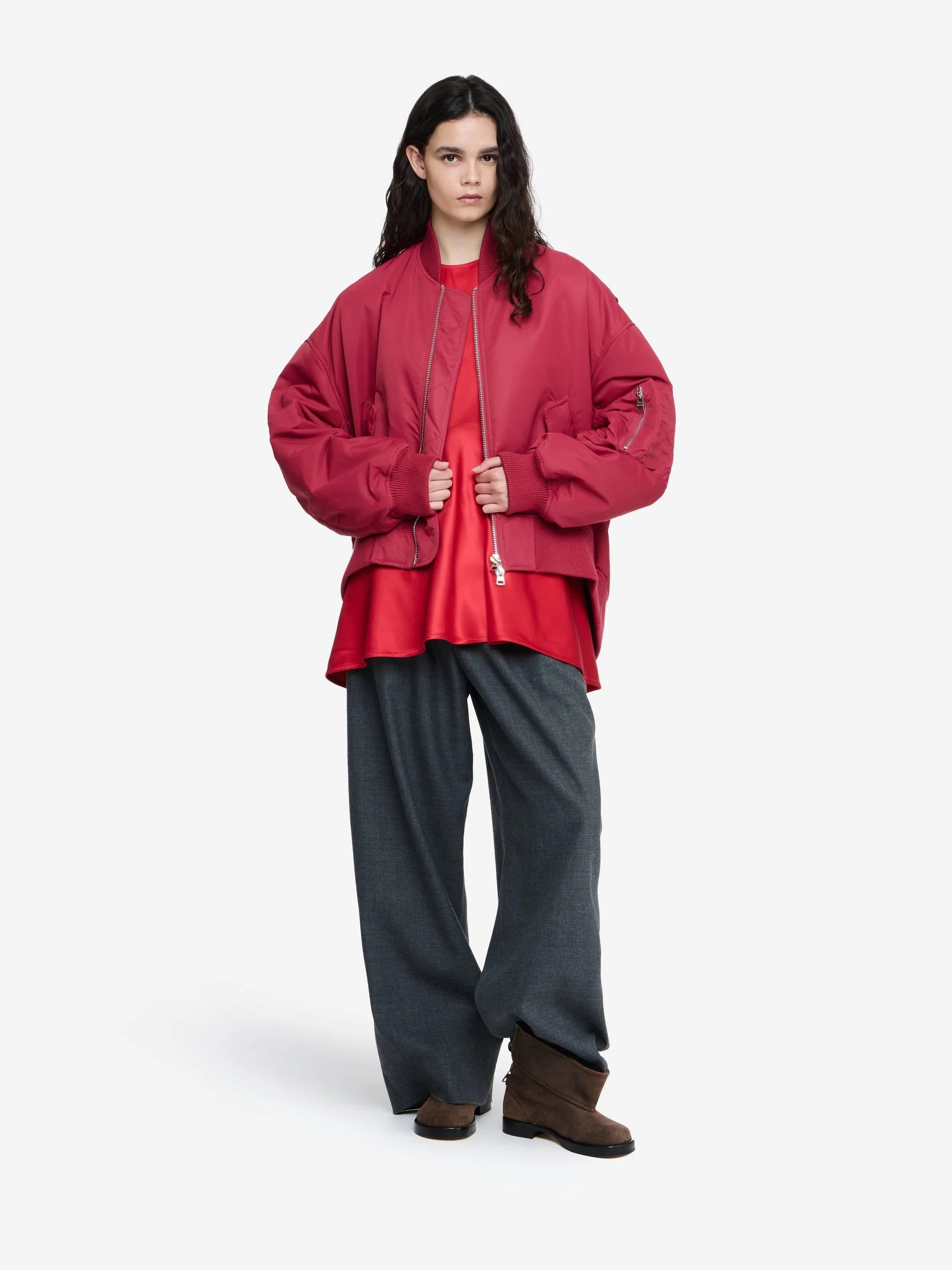 Determination Oversized Curved Hem Bomber Jacket - Ruby