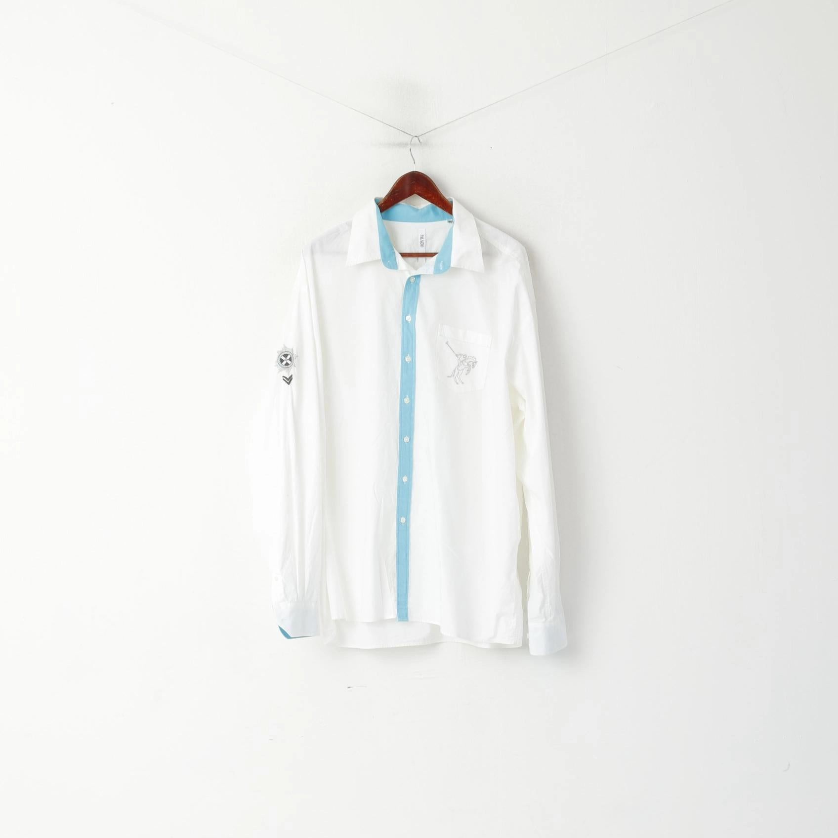 Spring Break Palazzo Men XXL 45/46 Casual Shirt White Cotton Polo Club Long Sleeve Top