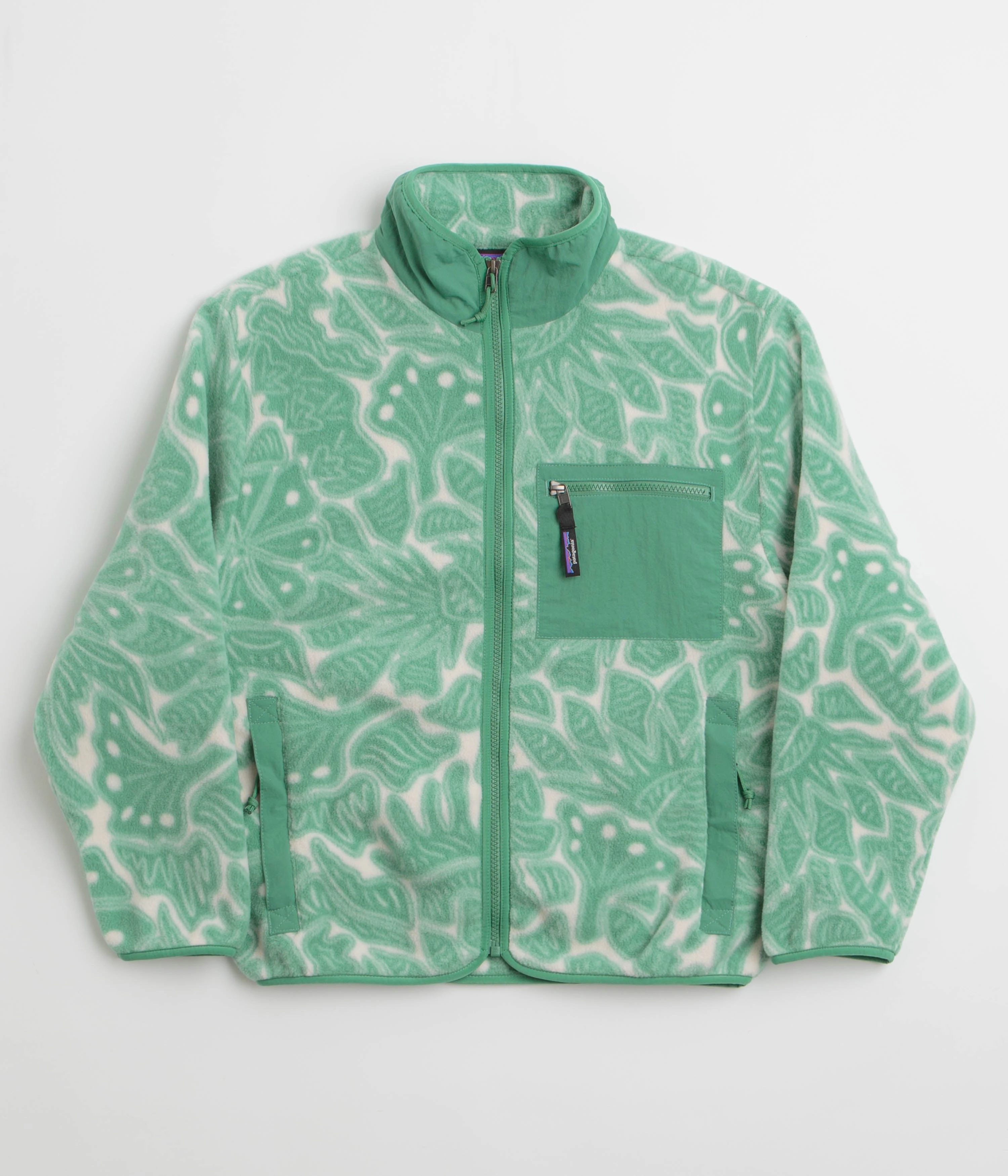 High Collar Style Patagonia Womens Synchilla Fleece Jacket - Bees and Flowers: Heartleaf Green