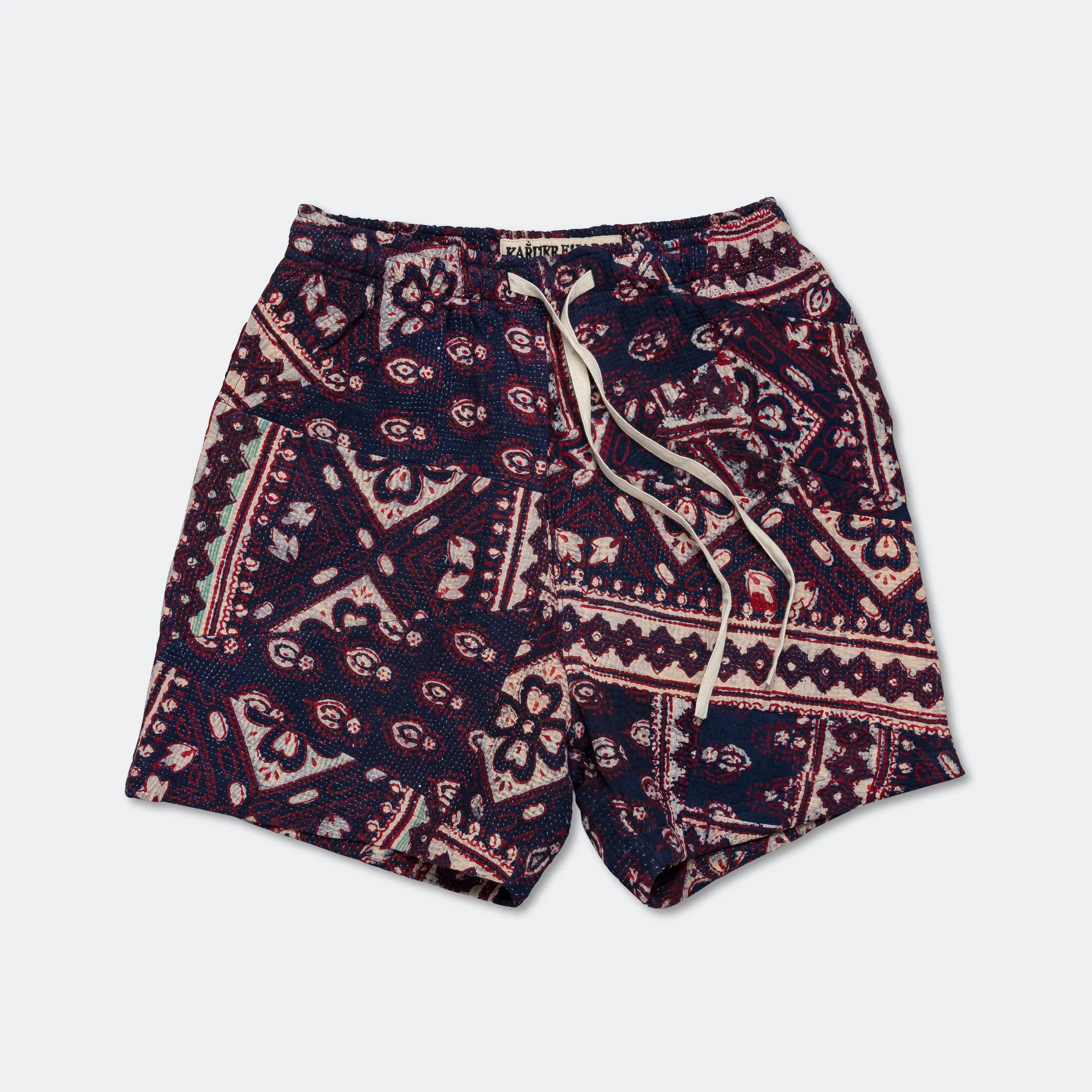 Patchwork Shorts - Vintage Kantha Quilt Indigo/White Seamless Waistband beachy vibe
