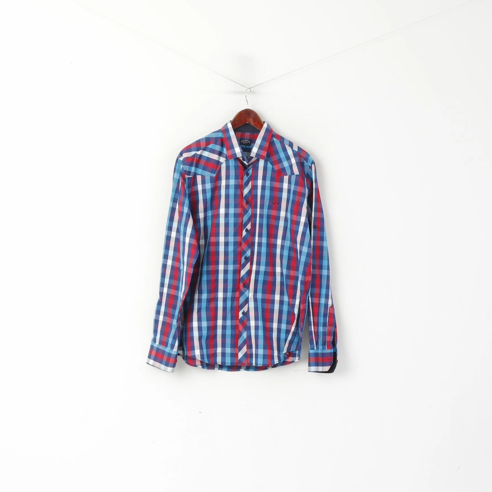 Paul and Shark Yachting Men XXL Casual Shirt Blue Checkered Cotton Long Sleeve Top Flex Fit Collar